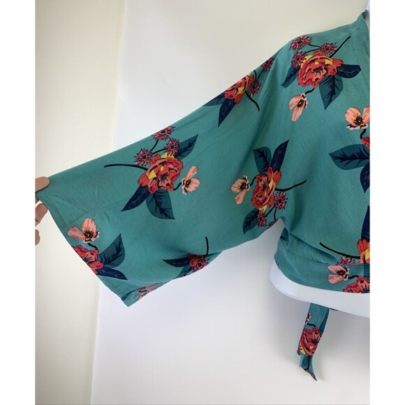 Express Floral Outfit Maxi Skirt Kimono Wrap Top Teal Rayon Womens Large New Tag - Picture 12 of 16